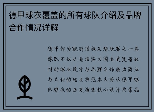 德甲球衣覆盖的所有球队介绍及品牌合作情况详解