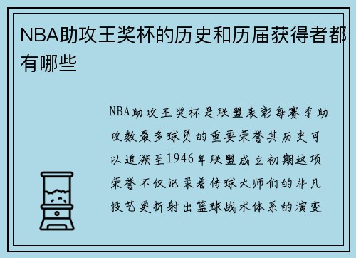 NBA助攻王奖杯的历史和历届获得者都有哪些